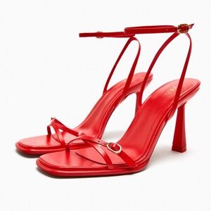ZARA RED STRAPPY HEELED 100%
LEATHER SANDALS